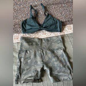 Gymshark Dark Green Bra and Camo Shorts